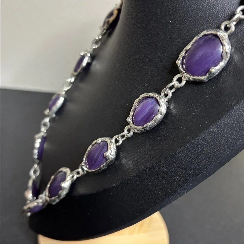 Purple Stone Linked Silver Tone Necklace Geometric Long Native American Western
